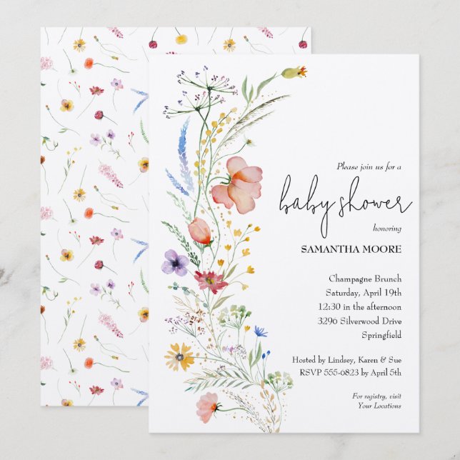 Invitation Baby shower fleur sauvage (Devant / Derrière)