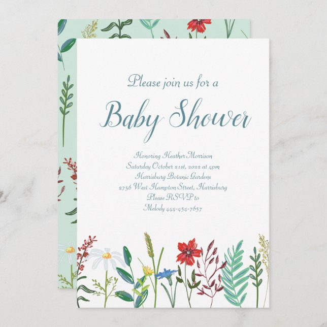 Invitation Baby shower fleur sauvage (Devant / Derrière)