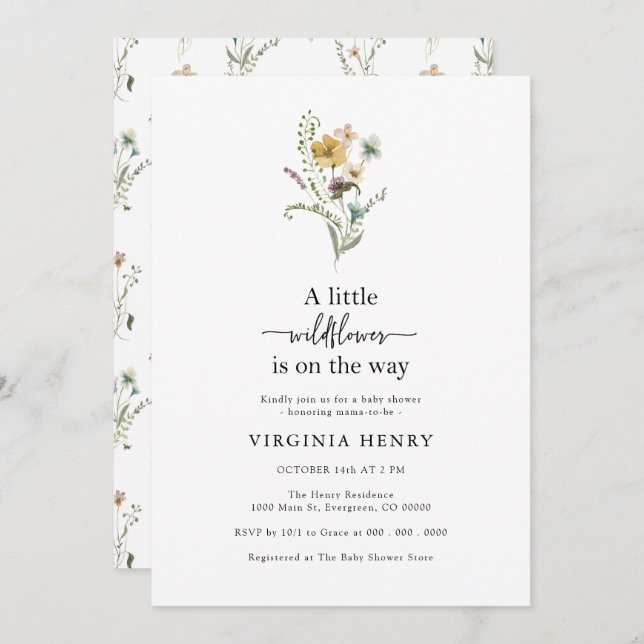 Invitation Baby shower fleur sauvage (Devant / Derrière)