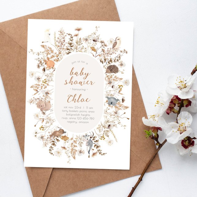 Invitation Baby shower fleur sauvage Animaux autochtones aust (Créateur téléchargé)