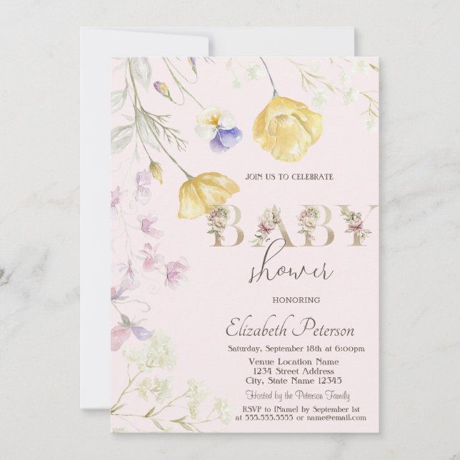 Invitation Baby shower Fleur sauvage aquarelle (Devant)