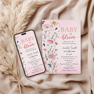 Invitation Baby Shower Fleur Sauvage Aquarelle Rose Tendre