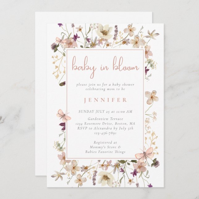 Invitation Baby shower Fleur sauvage Baby In Bloom Boho (Devant / Derrière)
