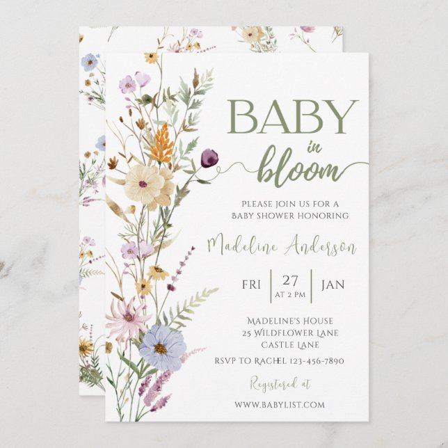 Invitation Baby shower Fleur sauvage bébé en fleurs (Devant / Derrière)