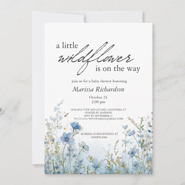 Invitation Baby shower Fleur sauvage bleu (Devant)
