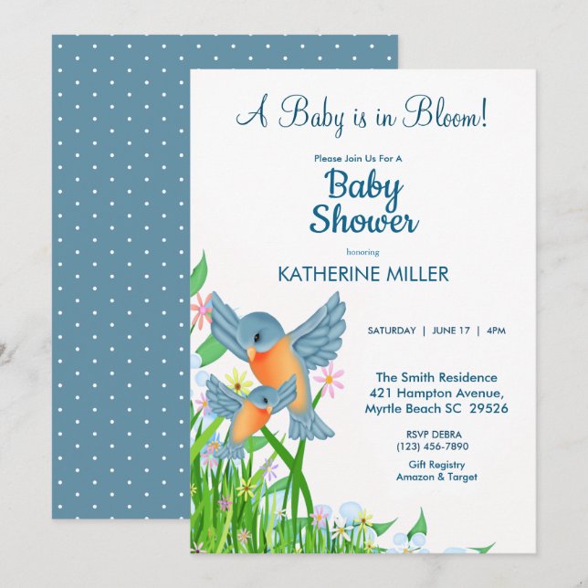 Invitation Baby shower Fleur sauvage Bluebirds (Devant / Derrière)