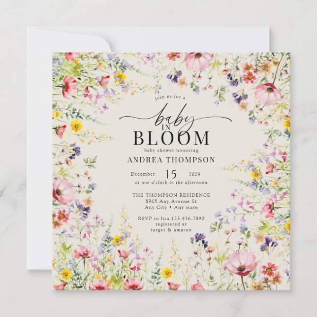 Invitation Baby shower Fleur sauvage Boho Chic | Bébé en fleu (Devant)