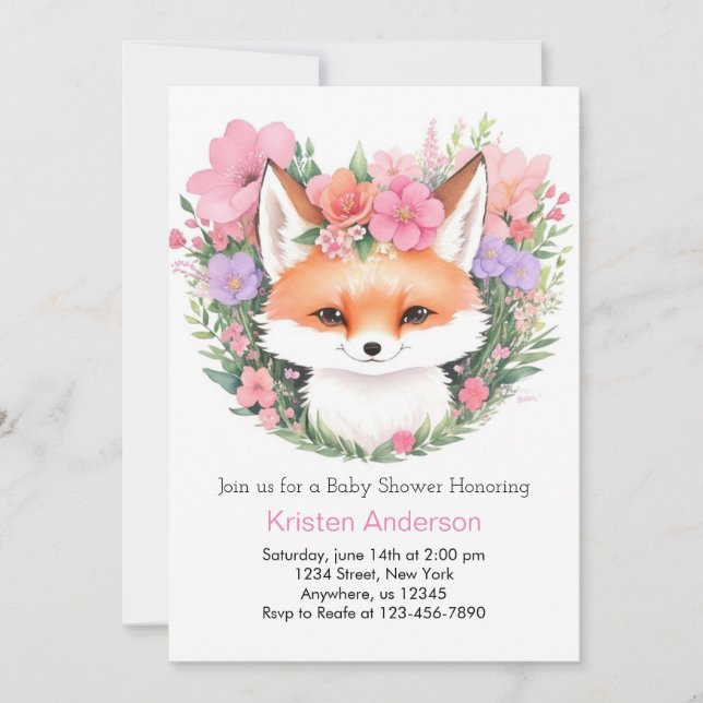 Invitation Baby shower Fleur sauvage Boho Rose Fox fille (Devant)