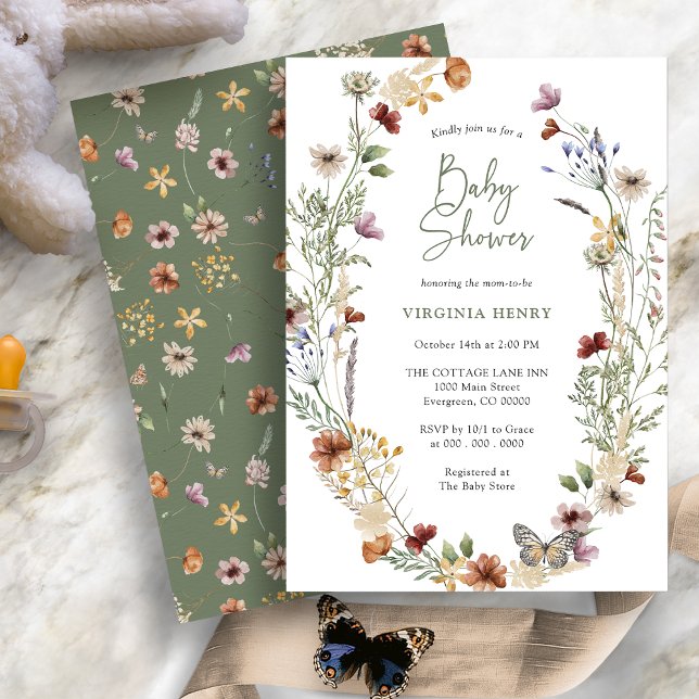 Invitation Baby shower Fleur sauvage Boho vert (Sage Green Boho Wildflower Baby Shower Invitation with Butterfly by Painted Paperie
)