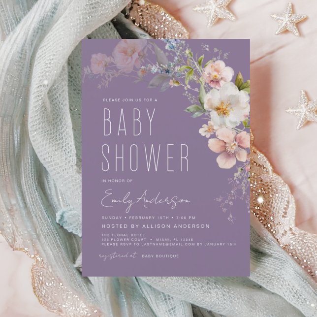 Invitation Baby shower Fleur sauvage Boho violet Élégant (Créateur téléchargé)