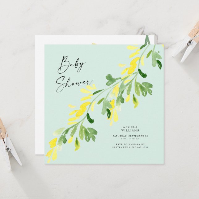 Invitation Baby shower Fleur sauvage Carré  de menthe jaune (Devant/Arrière en situation)