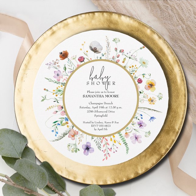 Invitation Baby shower Fleur sauvage chic rond (Chic Wildflower Baby Shower Round Invitations, INSTANT DOWNLOAD and/or PRINTED)
