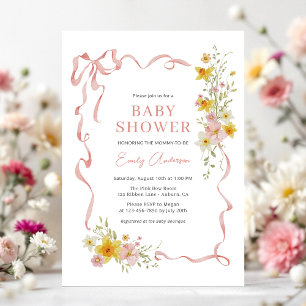 Invitation Baby shower fleur sauvage Coquette au ruban rose