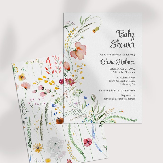 Invitation Baby shower Fleur sauvage couleur aquarelle (Colorful Watercolor Wildflowers Baby Shower Invitation on a white table.)