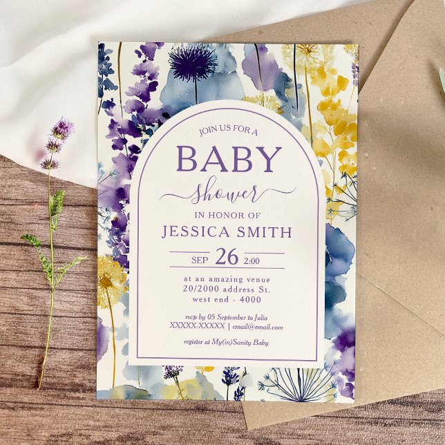 Invitation Baby shower Fleur sauvage couleur  jaune violet (Celebrate your mama-to-be moment in full bloom with this elegant wildflower baby shower invitation.)