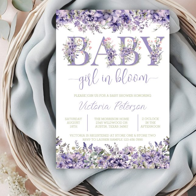 Invitation Baby shower Fleur sauvage couleur pourpre (Pretty purple lavender watercolor wildflower baby in bloom invitation with floral text.)