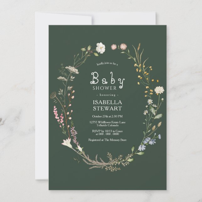 Invitation Baby shower Fleur sauvage couleur vert foncé (Devant)