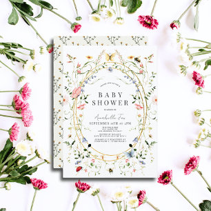 Invitation Baby shower fleur sauvage d'aquarelle de papillon