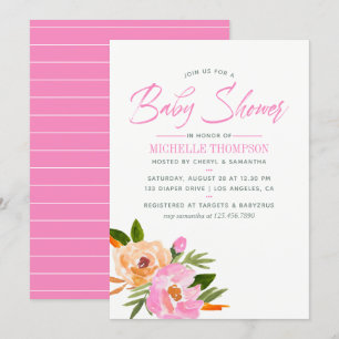 Invitation Baby shower fleur sauvage d'aquarelle rose