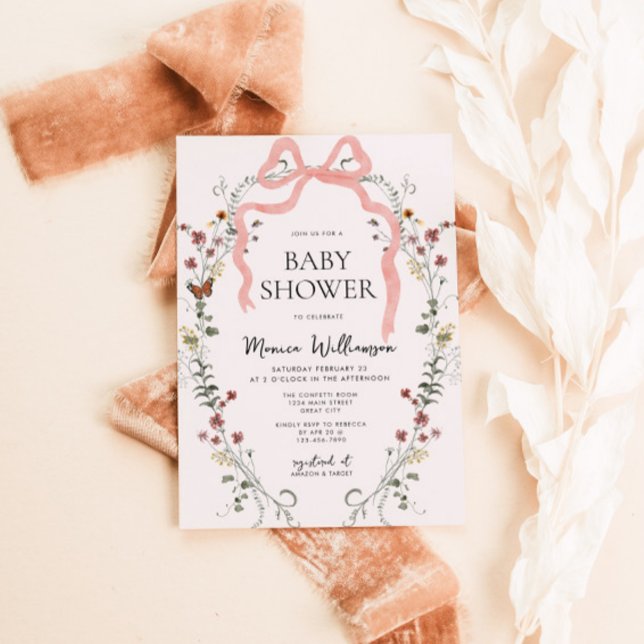 Invitation Baby shower fleur sauvage de fille de la cou rose (Pink Bow Girls Baby Shower Invite)