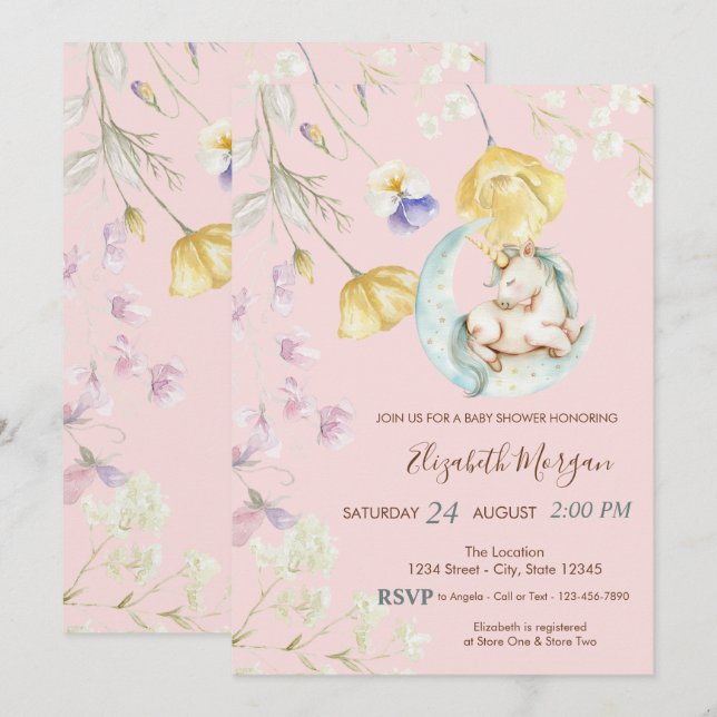 Invitation Baby shower Fleur sauvage de la lune d'aquarelle (Devant / Derrière)