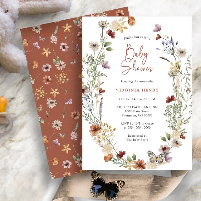 Invitation Baby shower Fleur sauvage de Terracotta (Terracotta Boho Wildflower Baby Shower Invitation with Butterfly by Painted Paperie
)