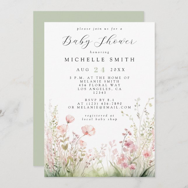 Invitation Baby shower Fleur sauvage délicat (Devant / Derrière)