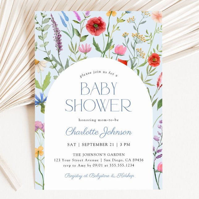 Invitation Baby shower fleur sauvage Dusty Blue Boy (Wildflower Dusty Blue Boy Baby Shower Invitation)