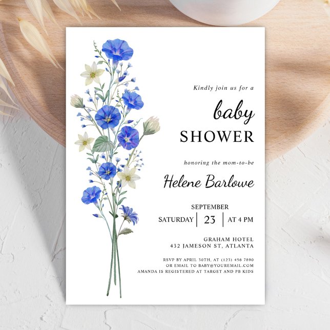 Invitation Baby shower Fleur sauvage Élégant Bleu Et Blanc (Blue And White Elegant Wildflower Baby Shower Invitation)