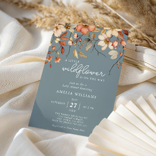Invitation Baby Shower Fleur Sauvage Élégante Fleurs Bleu Pou