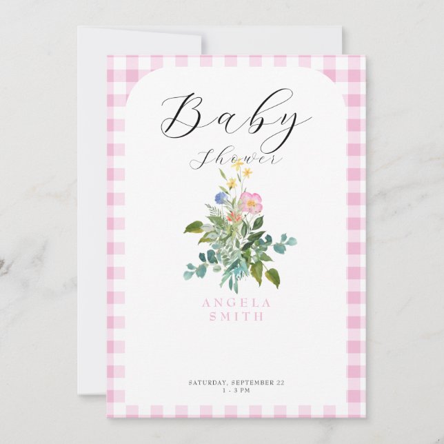 Invitation Baby shower Fleur sauvage en arc En vichy rose (Devant)