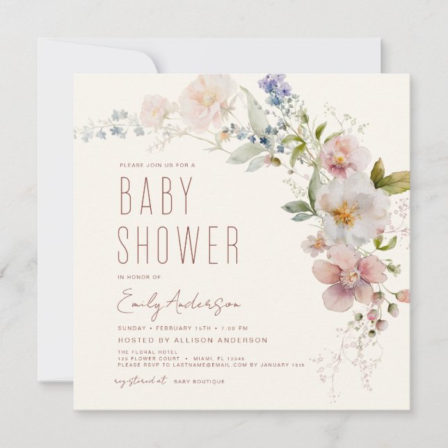 Invitation Baby shower Fleur sauvage en terre cuite Boho Élég (Devant)