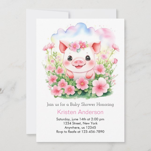 Invitation Baby shower fleur sauvage et mignonne fille rose P (Devant)