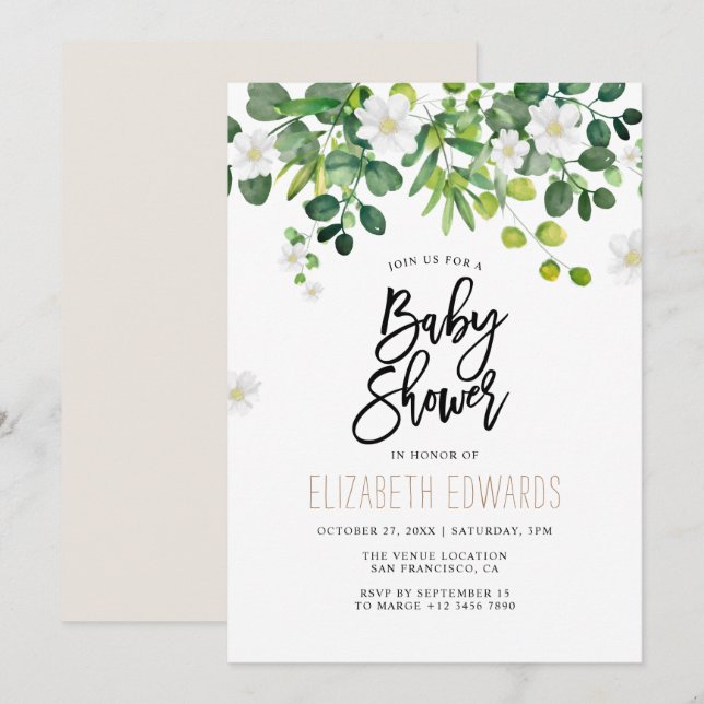 Invitation Baby shower Fleur sauvage Eucalyptus aquarelle (Devant / Derrière)