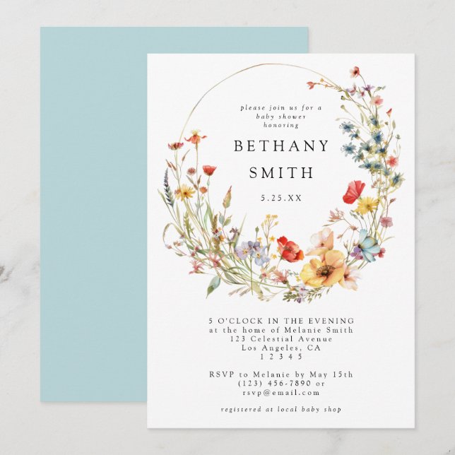 Invitation Baby Shower Fleur Sauvage Fantaisiste (Devant / Derrière)