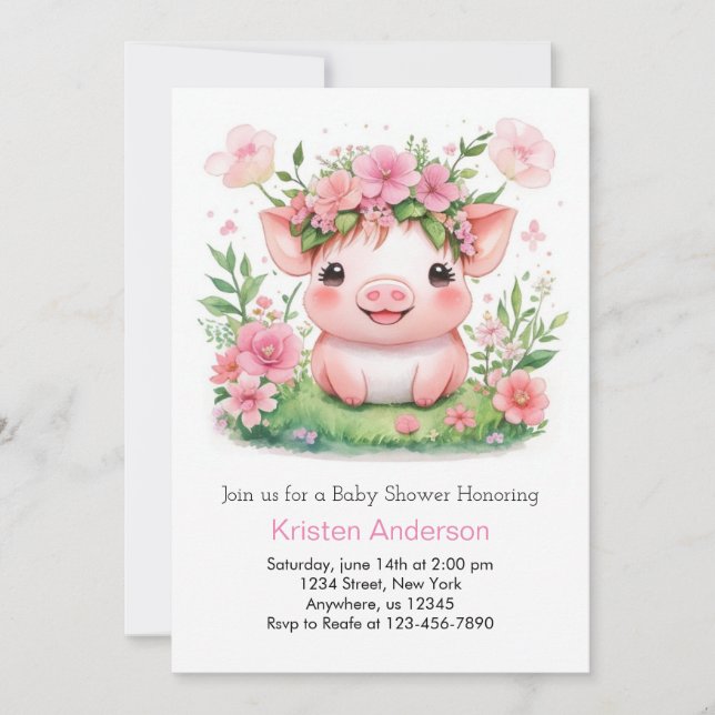 Invitation Baby shower fleur sauvage Farmyard Piglet Girl (Devant)