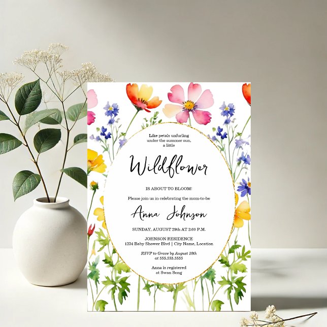 Invitation Baby shower Fleur sauvage florissant (Elegant blooming wildflower baby shower invitation front view)