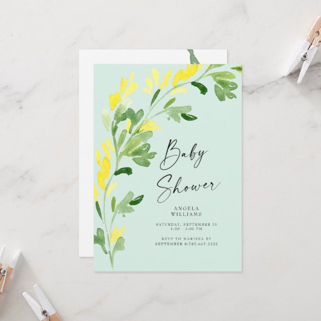 Invitation Baby shower Fleur sauvage Jaune à la menthe douce (Devant/Arrière en situation)
