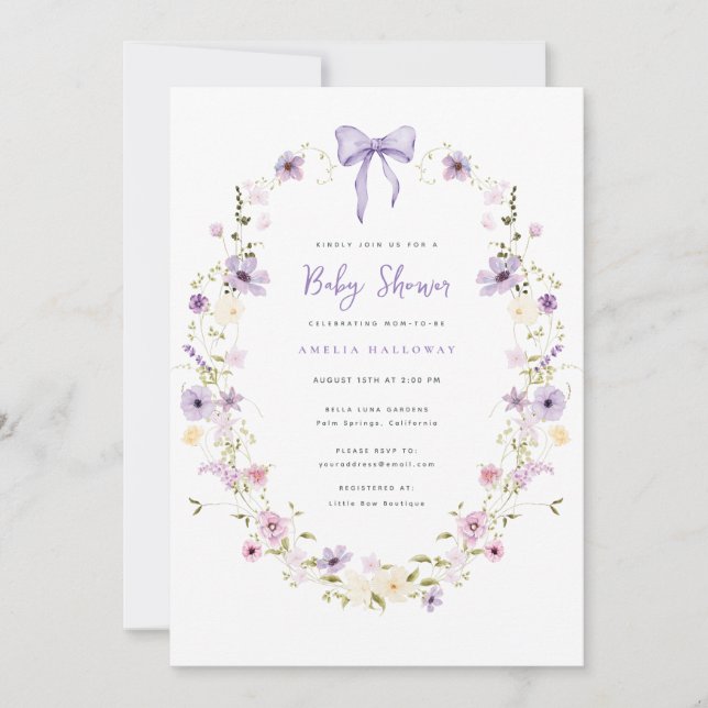 Invitation Baby shower Fleur sauvage Lavender Bow (Devant)
