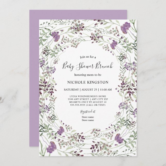 Invitation Baby shower Fleur sauvage Lavender Sage Brunch (Devant / Derrière)