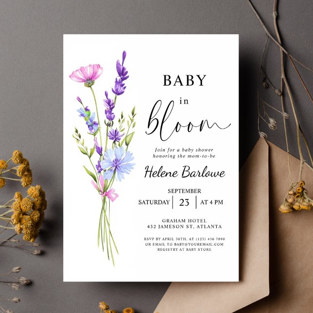 Invitation Baby shower Fleur sauvage Lavender Watercolor Boho (Lavender Watercolor Boho Wildflower Baby Shower Invitation)