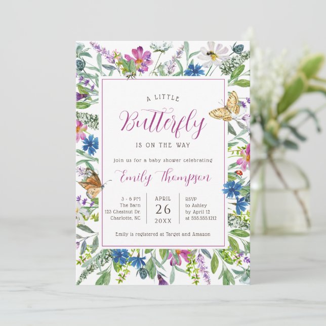Invitation Baby shower Fleur sauvage Little Butterfly Spring (Debout devant)