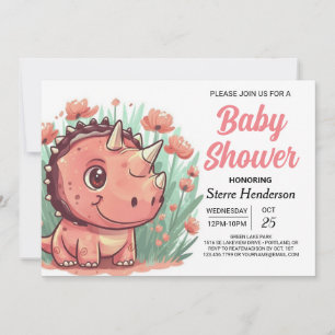 Invitation Baby shower fleur sauvage mignon Dinosaur fille