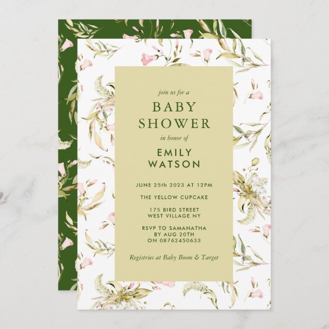 Invitation Baby shower Fleur sauvage Moss Green Spring (Devant / Derrière)