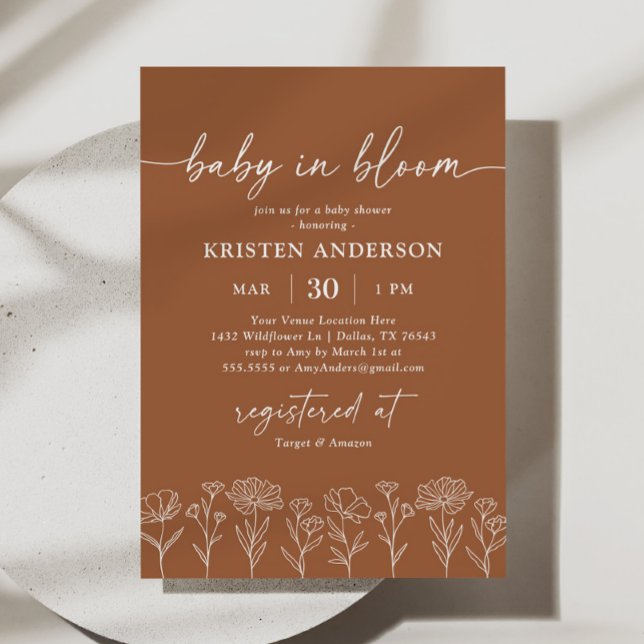Invitation Baby shower Fleur sauvage orange brûlé minimal (Créateur téléchargé)