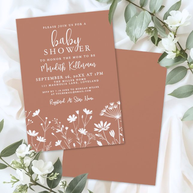 Invitation Baby Shower Fleur Sauvage Orange Brûlée (Burnt Orange Wildflower Baby Shower Invitation)