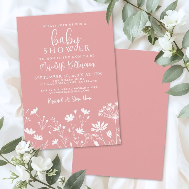Invitation Baby Shower Fleur Sauvage Rose (Minimalist Pink Wildflower Baby Shower Invitation)