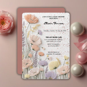 Invitation Baby shower Fleur sauvage rose dévêtu