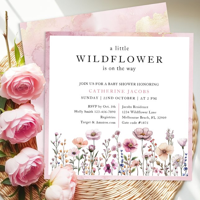 Invitation Baby shower Fleur sauvage rose Dusty délicat Invit (Watercolor Wildflower Baby Shower Invitation)