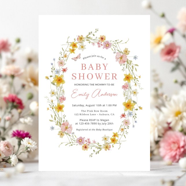 Invitation Baby shower Fleur sauvage rose fille printemps été (Créateur téléchargé)
